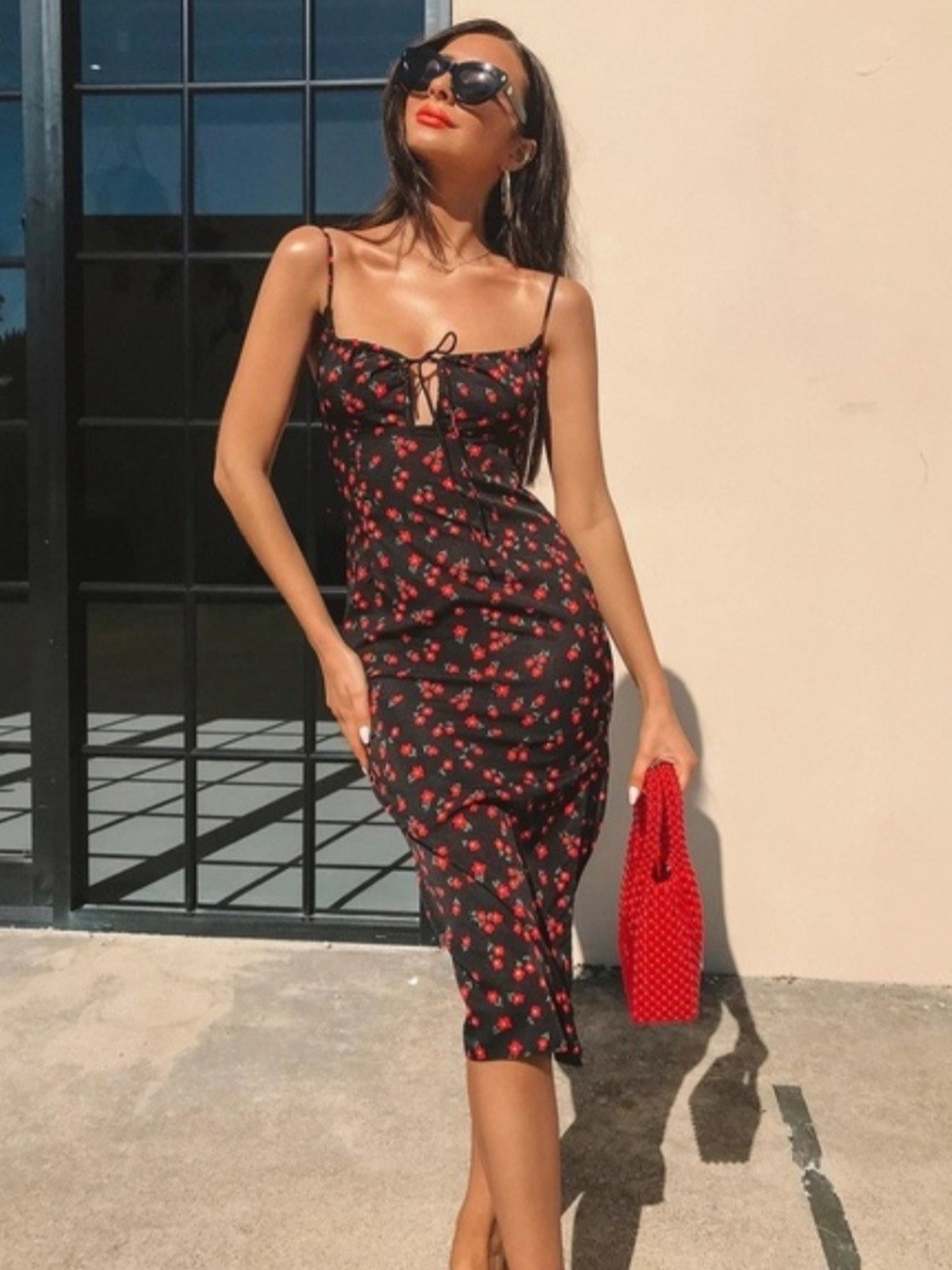 Princess Polly Black Midi Dress with Red Floral Cherry Print